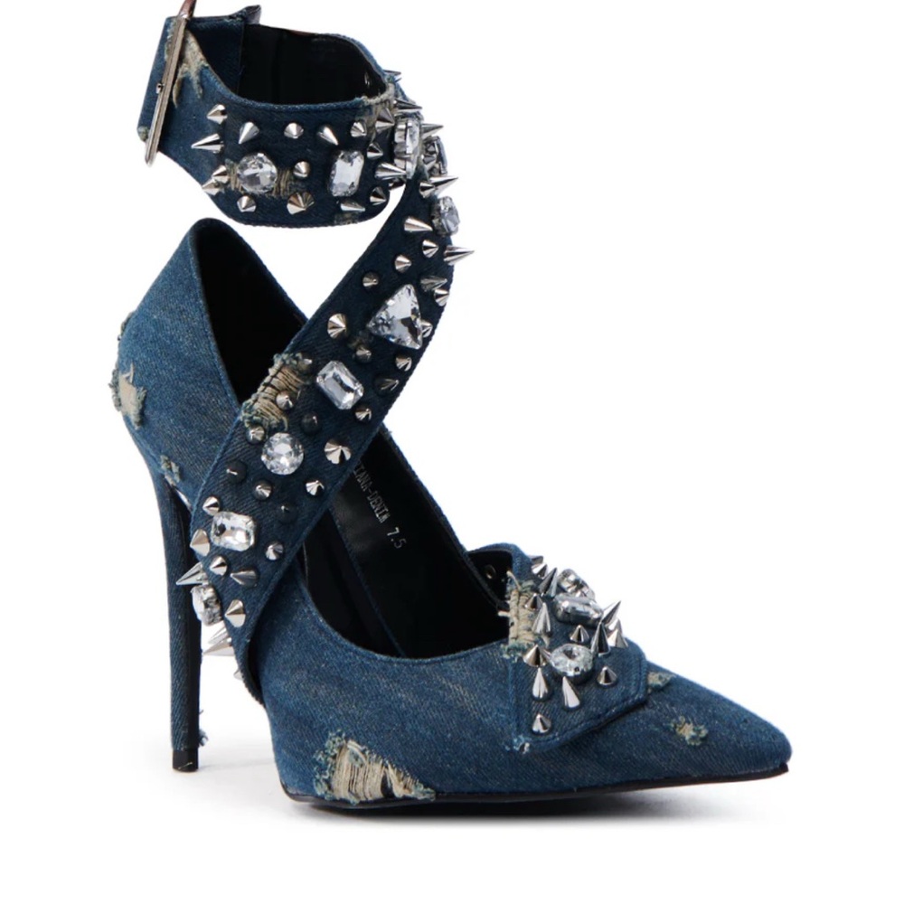 AZALEA WANG TRIANA DENIM EMBELLISHED PUMP - 8 - Picture 2 of 2